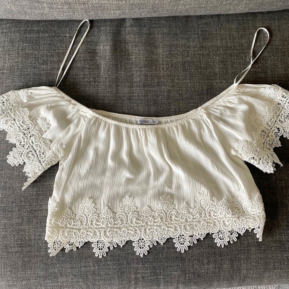 Off-the-Shoulder Crop Top with Lace Detail - Picture 1 of 6